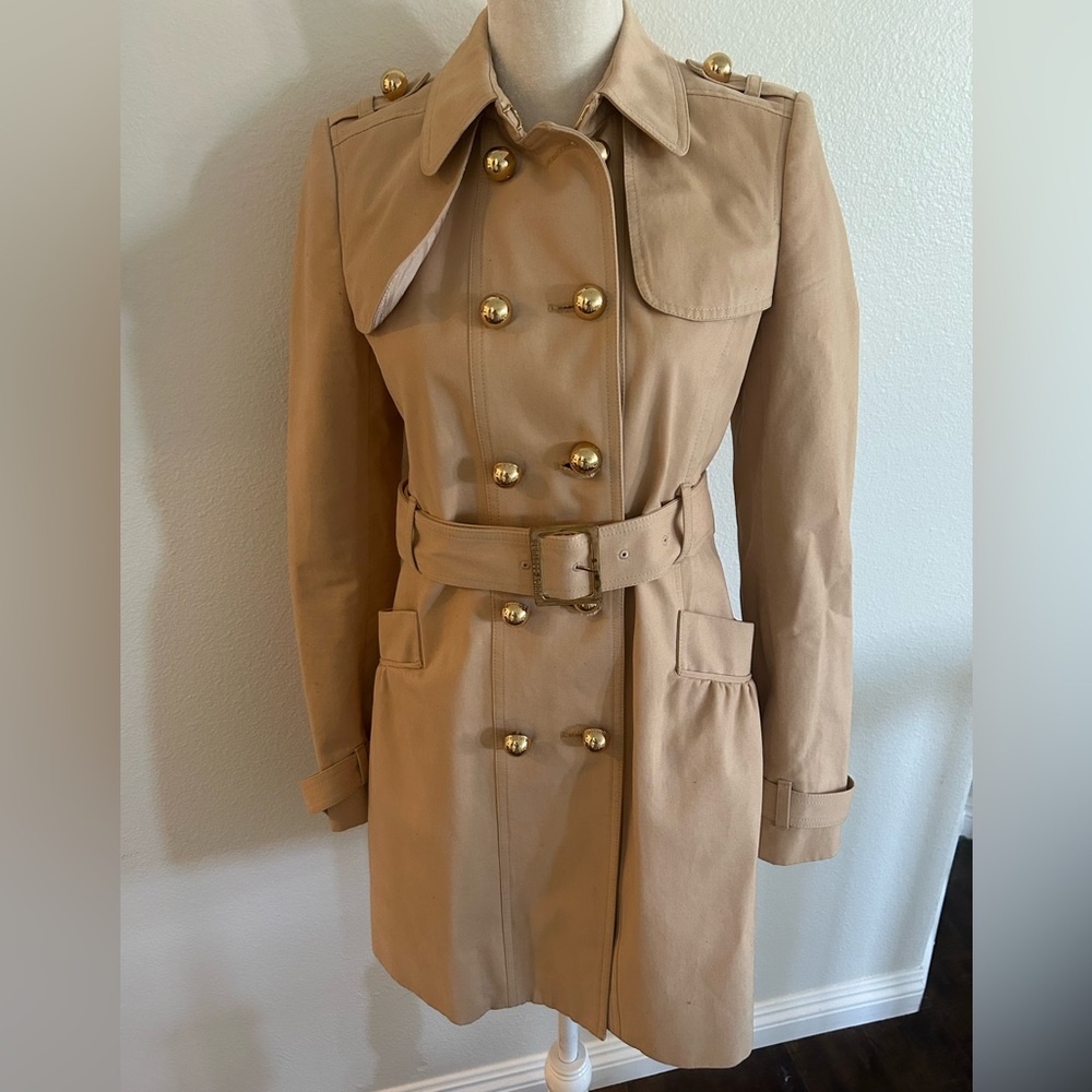 Y2K Juicy Couture Tan Double-Breasted Trench Coat with Gold Buttons